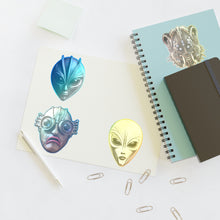 Load image into Gallery viewer, Alien Mask Sticker Sheet — Sci‑Fi Creature Vinyl Stickers (4-Pack)
