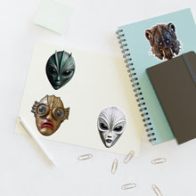 Load image into Gallery viewer, Alien Mask Sticker Sheet — Sci‑Fi Creature Vinyl Stickers (4-Pack)
